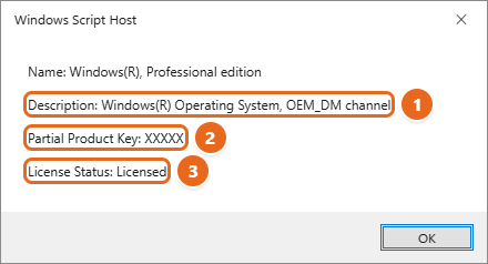How to Find Your Windows 11 Product Key 3 Windows Script Host box from slmgr /dli showing the Windows license channel, a partial product key and License Status Licensed
