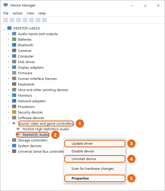 How to Fix No Sound in Windows 11 3 Device Manager with Sound, video and game controllers expanded and the right-click menu for Realtek(R) Audio showing Update driver, Uninstall device and Properties highlighted