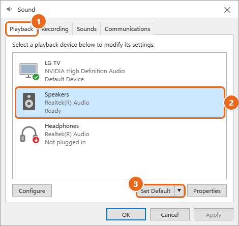 How to Fix No Sound in Windows 11 2 Windows Sound dialog Playback tab with LG TV as the default device, Speakers selected, and the Set Default button highlighted
