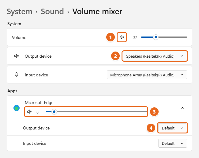 How to Fix No Sound in Windows 11 1 Windows 11 Volume mixer page with the muted system volume, the Output device menu, a low Microsoft Edge app volume and the app Output device menu highlighted