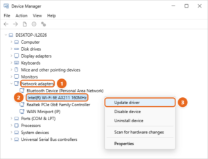 Device Manager with Network adapters expanded, the Intel Wi-Fi adapter selected, and Update driver highlighted in the right-click menu