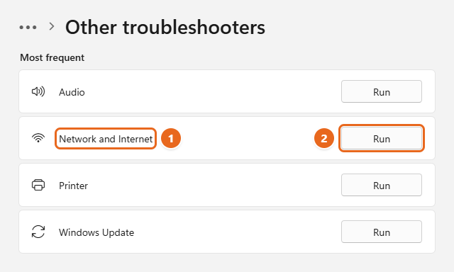 How to Fix Wi-Fi Not Working in Windows 11 1 Windows 11 Settings Other troubleshooters page with the Run button next to Network and Internet highlighted