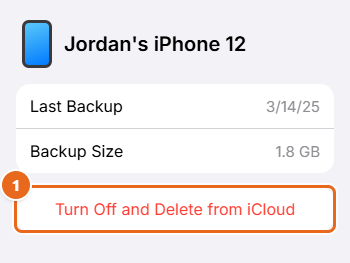 How to Free Up iCloud Storage 3 iCloud backup details for an old iPhone showing Last Backup and Backup Size, with Turn Off and Delete from iCloud highlighted
