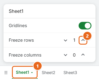 How to Freeze Rows in Google Sheets 4 Google Sheets app sheet tab menu for Sheet1 showing Freeze rows set to 1 with up and down arrows, and Freeze columns set to 0