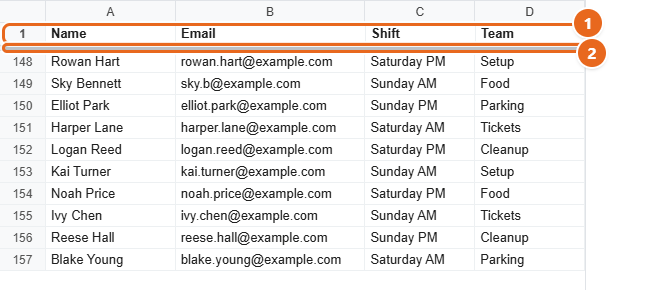 How to Freeze Rows in Google Sheets 3 Google Sheets scrolled down to row 157 with the frozen header row still at the top and a thick gray line below it