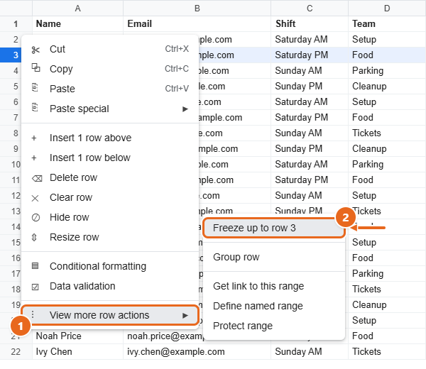 How to Freeze Rows in Google Sheets 2 Google Sheets right-click menu on row 3 with View more row actions open and Freeze up to row 3 highlighted