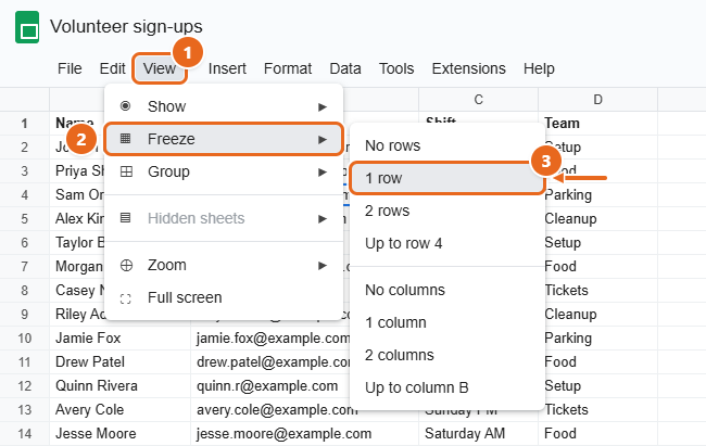 how to freeze rows in google sheets view freeze menu How to Freeze Rows in Google Sheets
