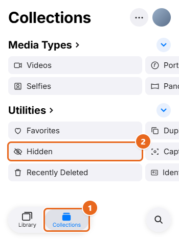 How to Hide Photos on iPhone 3 iPhone Photos Collections tab with the Hidden collection highlighted under Utilities