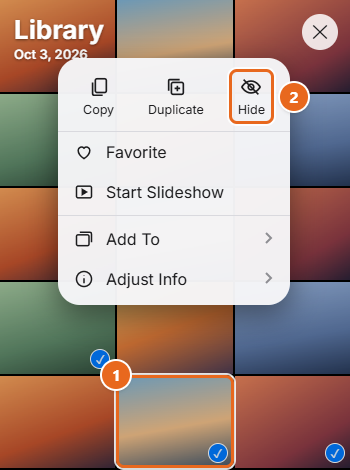 How to Hide Photos on iPhone 2 iPhone Photos library in Select mode with three photos checked and the More menu open, Hide highlighted at the top of the menu