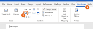 Word Developer tab selected on the ribbon with the Check Box Content Control button highlighted in the Controls group