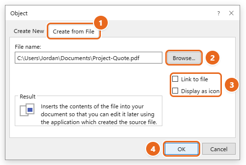 How to Insert a PDF into Word 2 Word Object dialog on the Create from File tab with a PDF file name entered, Link to file and Display as icon options, and OK highlighted