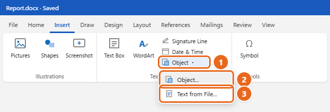 How to Insert a PDF into Word 1 Word Insert tab with the Object arrow open in the Text group, showing Object and Text from File