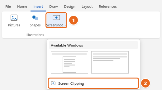 How to Insert a PDF into Word 3 Word Insert tab with the Screenshot menu open, showing the Available Windows gallery and Screen Clipping highlighted