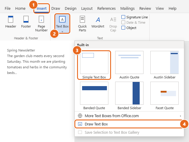 How to Insert a Text Box in Word 1 Word Insert tab with the Text Box menu open showing Built-in text boxes such as Simple Text Box, and the Draw Text Box option