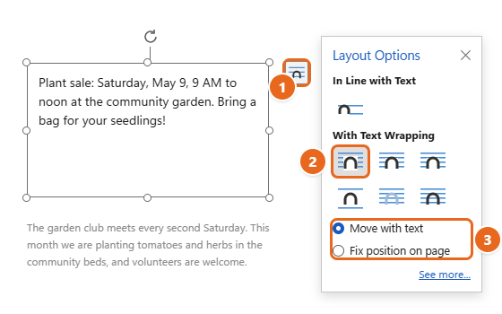 How to Insert a Text Box in Word 2 Selected Word text box with the Layout Options menu open, Square wrapping highlighted and the Move with text and Fix position on page options