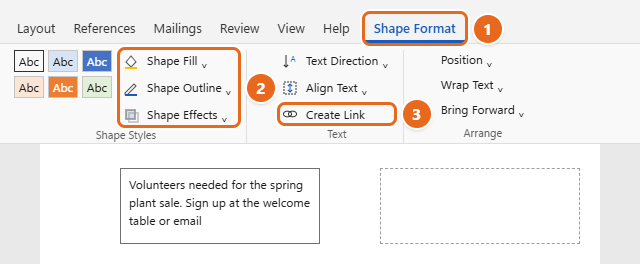 How to Insert a Text Box in Word 3 Word Shape Format tab with Shape Fill, Shape Outline and Shape Effects in the Shape Styles group and Create Link in the Text group
