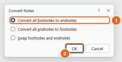 How to Insert Footnotes in Word 4 Word Convert Notes dialog with Convert all footnotes to endnotes selected and the OK button highlighted