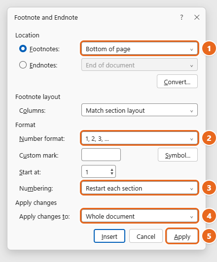How to Insert Footnotes in Word 3 Word Footnote and Endnote dialog with Footnotes set to Bottom of page, Number format 1, 2, 3, Numbering set to Restart each section, and Apply highlighted