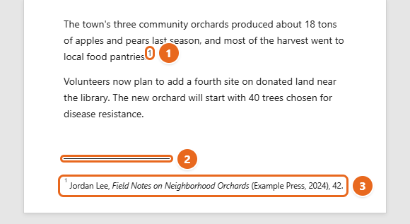 How to Insert Footnotes in Word 2 Word page with a superscript footnote reference mark after a sentence, the short separator line, and the matching footnote text at the bottom of the page