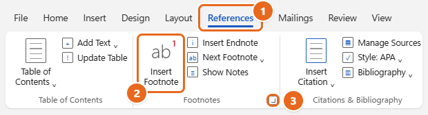 How to Insert Footnotes in Word 1 Word References tab with Insert Footnote highlighted in the Footnotes group and the Footnotes dialog launcher marked