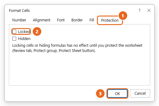 How to Lock Cells and Protect a Sheet in Excel 1 Excel Format Cells dialog box on the Protection tab with the Locked check box cleared and the OK button highlighted