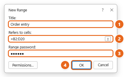 How to Lock Cells and Protect a Sheet in Excel 4 Excel New Range dialog box with the title Order entry, the range B2:D20 and a range password entered