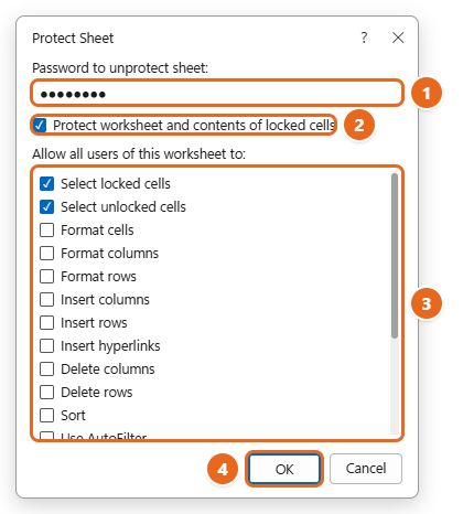 How to Lock Cells and Protect a Sheet in Excel 3 Excel Protect Sheet dialog box with a password entered, Protect worksheet and contents of locked cells checked, and Select locked cells and Select unlocked cells allowed