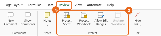 How to Lock Cells and Protect a Sheet in Excel 2 Excel Review tab with the Protect group showing Protect Sheet, Protect Workbook and Allow Edit Ranges