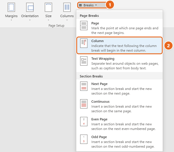 How to Make Columns in Word 3 Word Layout tab with the Breaks menu open and the Column option highlighted under Page Breaks