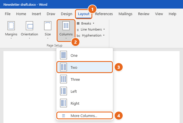 How to Make Columns in Word 1 Word Layout tab with the Columns menu open showing One, Two, Three, Left, Right and More Columns