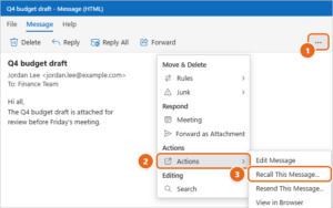 Classic Outlook message window with the More commands button, the Actions menu item and Recall This Message highlighted