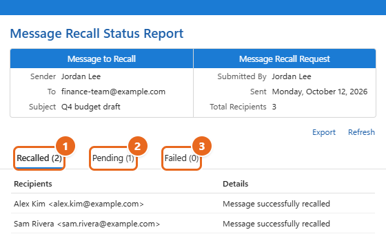 How to Recall an Email in Outlook 4 Message Recall Status Report page in a browser showing the Recalled, Pending and Failed tabs with two recipients recalled