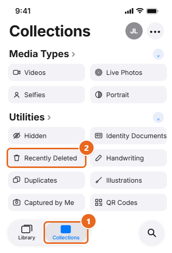How to Recover Recently Deleted Photos on iPhone 1 iPhone Photos app Collections tab in iOS 26 with Recently Deleted highlighted under Utilities