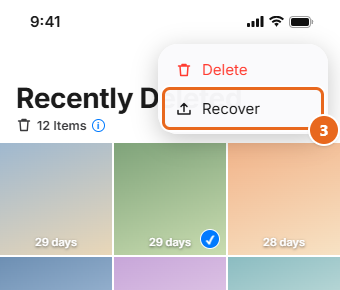 How to Recover Recently Deleted Photos on iPhone 3 More menu open in the iOS 26 Recently Deleted album showing Delete and Recover, with Recover highlighted