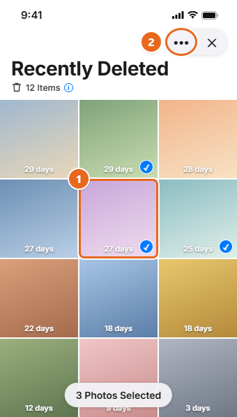 How to Recover Recently Deleted Photos on iPhone 2 Recently Deleted album in iOS 26 with three photos selected, days remaining shown under each thumbnail, and the More button highlighted