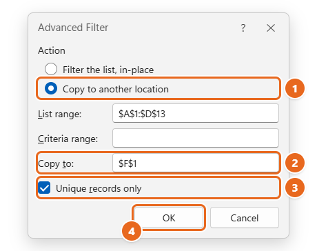 How to Remove Duplicates in Excel 4 Excel Advanced Filter dialog with Copy to another location selected, a Copy to cell entered, and Unique records only checked