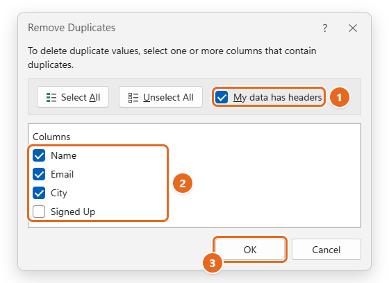 How to Remove Duplicates in Excel 2 Excel Remove Duplicates dialog with My data has headers checked, Name, Email and City selected, and OK highlighted