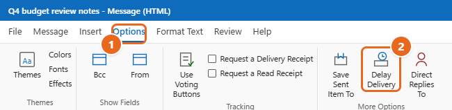 How to Schedule an Email in Outlook 3 Classic Outlook message window with the Options tab selected and Delay Delivery highlighted in the More Options group
