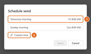 New Outlook Schedule send dialog with a Tomorrow morning suggestion and the Custom time option highlighted