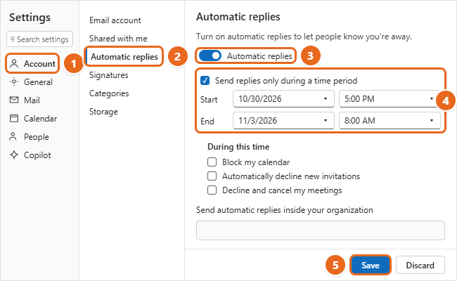 How to Set Up Automatic Replies (Out of Office) in Outlook 4 Outlook on the web Settings with Account and Automatic replies selected, the Automatic replies toggle on, a start and end time set, and Save highlighted