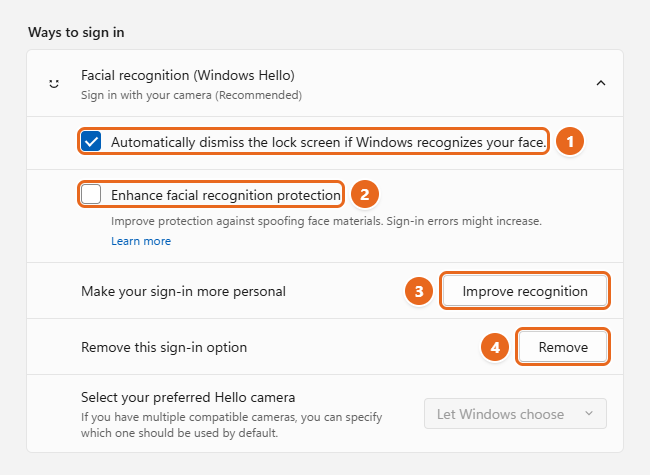 How to Set Up Windows Hello Face Recognition in Windows 11 3 Facial recognition (Windows Hello) settings after setup showing Automatically dismiss the lock screen, Enhance facial recognition protection, Improve recognition, Remove, and preferred Hello camera