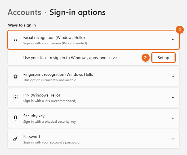 How to Set Up Windows Hello Face Recognition in Windows 11 1 Windows 11 Settings Sign-in options page with Facial recognition (Windows Hello) expanded and the Set up button highlighted
