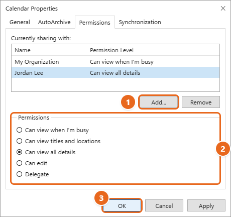 How to Share Your Calendar in Outlook 3 Classic Outlook Calendar Properties dialog on the Permissions tab with Jordan Lee selected, Can view all details chosen, and the Add and OK buttons highlighted
