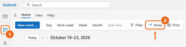How to Share Your Calendar in Outlook 1 New Outlook for Windows Calendar with the Calendar icon and the Share button on the Home tab highlighted