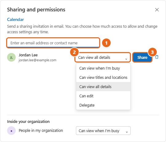 How to Share Your Calendar in Outlook 2 Outlook Sharing and permissions window with an email address box, the permission drop-down open showing five access levels, and the Share button