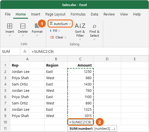 How to Sum a Column in Excel 2 Excel Home tab with AutoSum highlighted in the Editing group and =SUM(C2:C9) entered in cell C10 below the Amount column