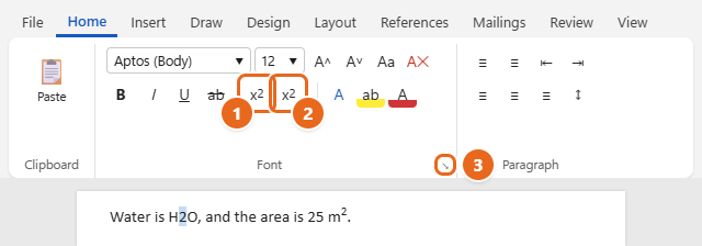How to Superscript and Subscript in Word 1 Word Home tab with the Subscript and Superscript buttons and the Font dialog box launcher highlighted in the Font group