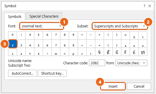 How to Superscript and Subscript in Word 3 Word Symbol dialog with Font set to normal text, Subset set to Superscripts and Subscripts, the subscript two character selected and Insert highlighted