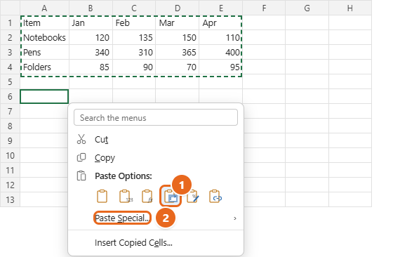 How to Transpose Data in Excel 1 Excel right-click menu under Paste Options with the Transpose icon highlighted, next to a copied range A1:E4