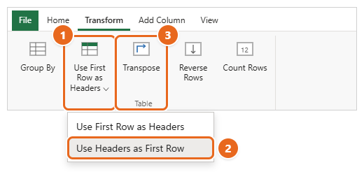 How to Transpose Data in Excel 4 Power Query Editor Transform tab with the Use First Row as Headers menu open, Use Headers as First Row highlighted, and the Transpose button